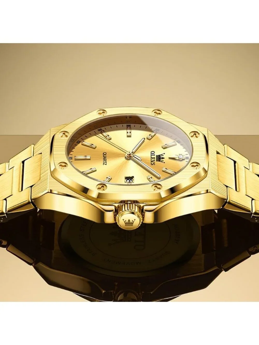 Men's Gold Luxury Stainless Steel Octagon Classic Analog Quartz Waterproof Watch